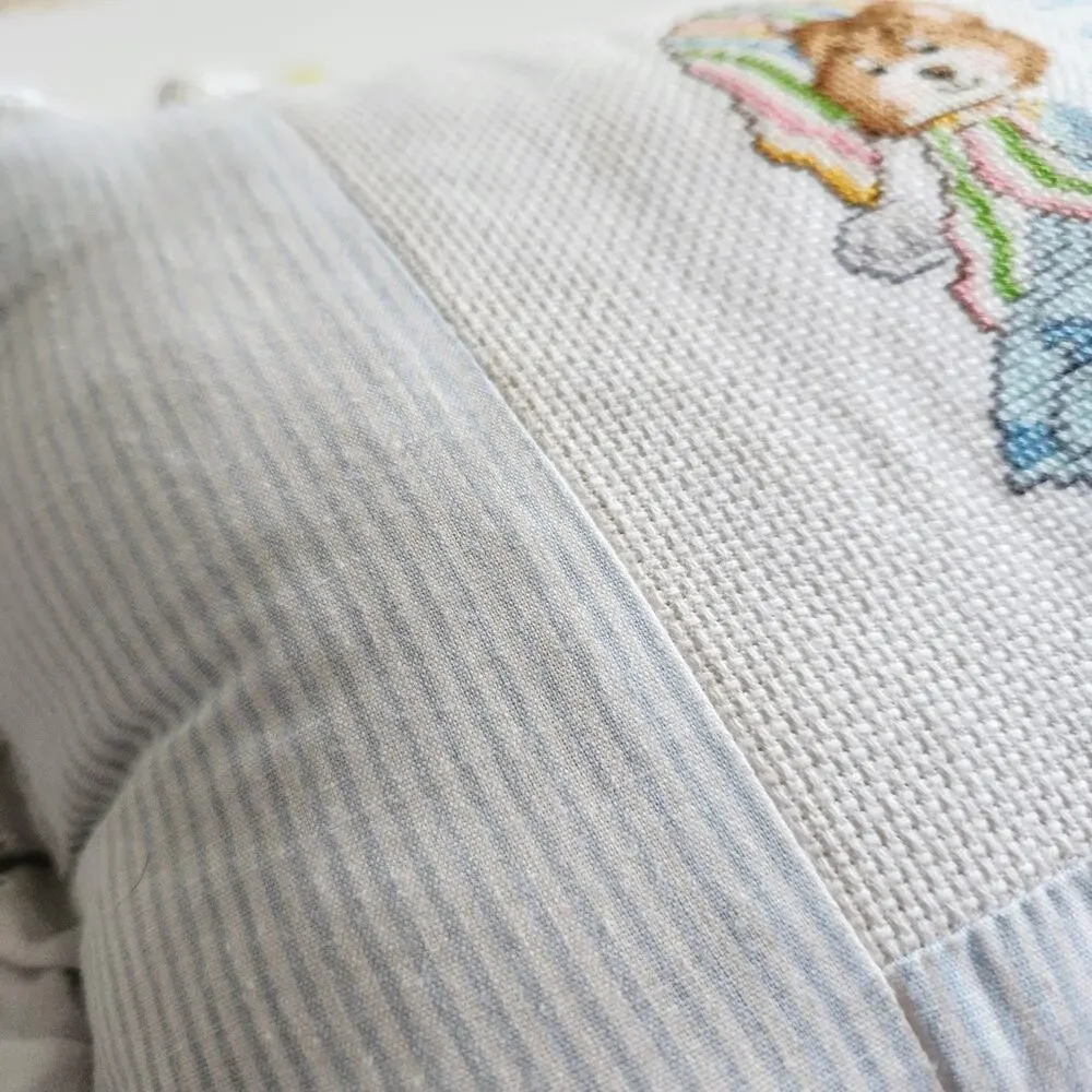 Vintage 80s Teddy Beddy Bear Cross Stitch Baby Pillow – Retro Nursery Décor